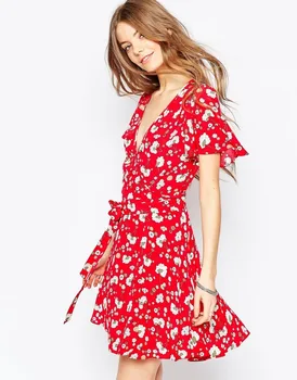 red floral print wrap dress