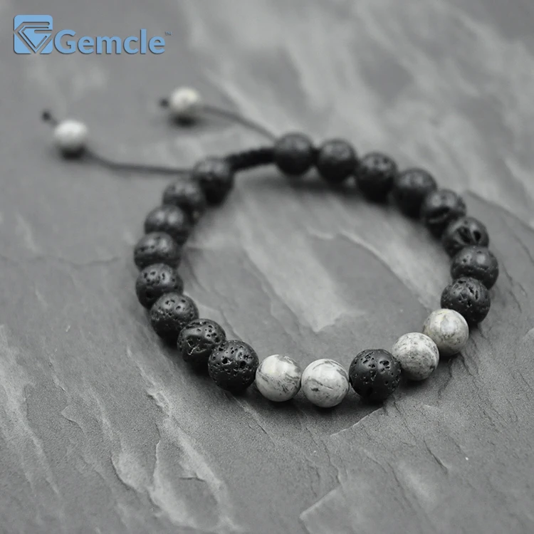 

GC-BC0156 Gray Crazy Lace Stone Lava Rock Stone Adjustable diffuser Bracelet, As picture