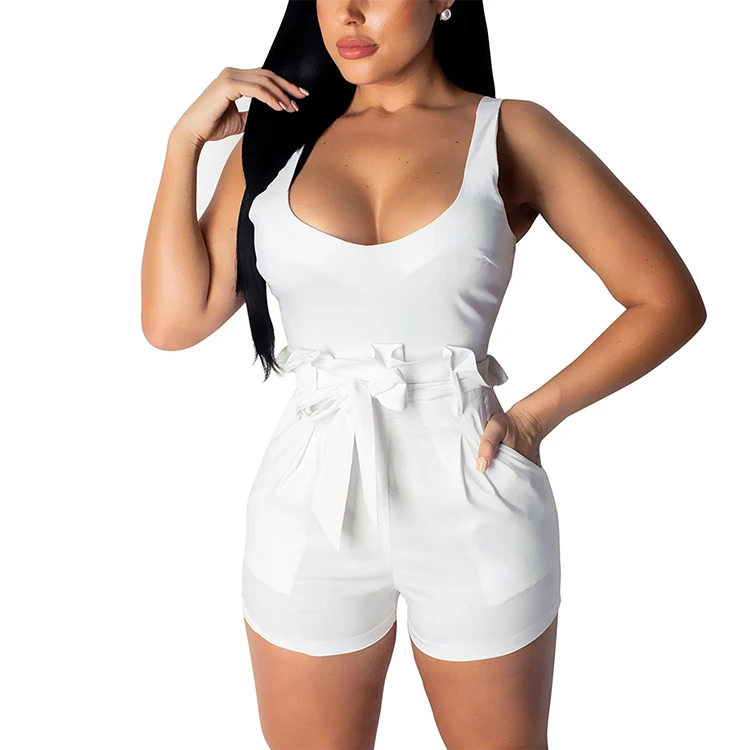 

New Style Custom Women Summer Strap White Waist Ruffle Sexy Bodycon Shorts Jumpsuit Rompers Plus Size