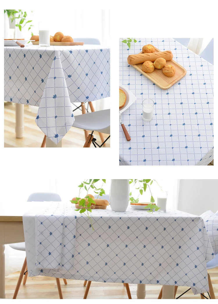Custom polyester cotton print simple fresh blue checkered tablecloth