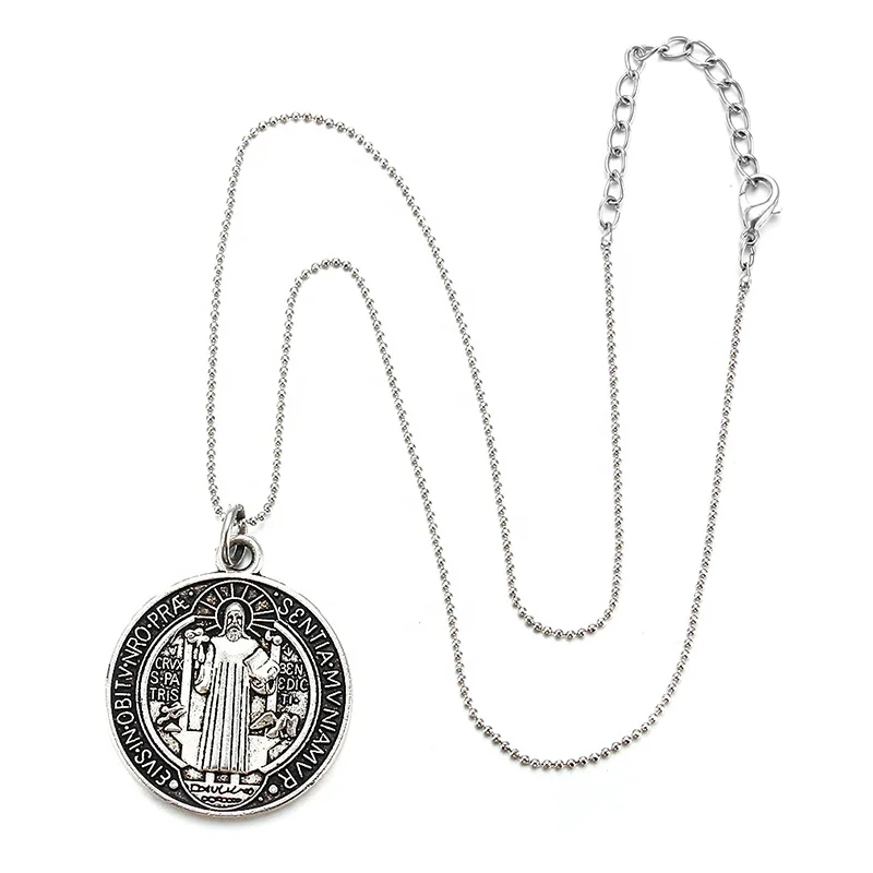 

San Benito Medal Cross Jesus Pendant Zinc Alloy Saint Benedict Silver Link Chain Necklaces for Women Men Religious Jewelry, Antique silver