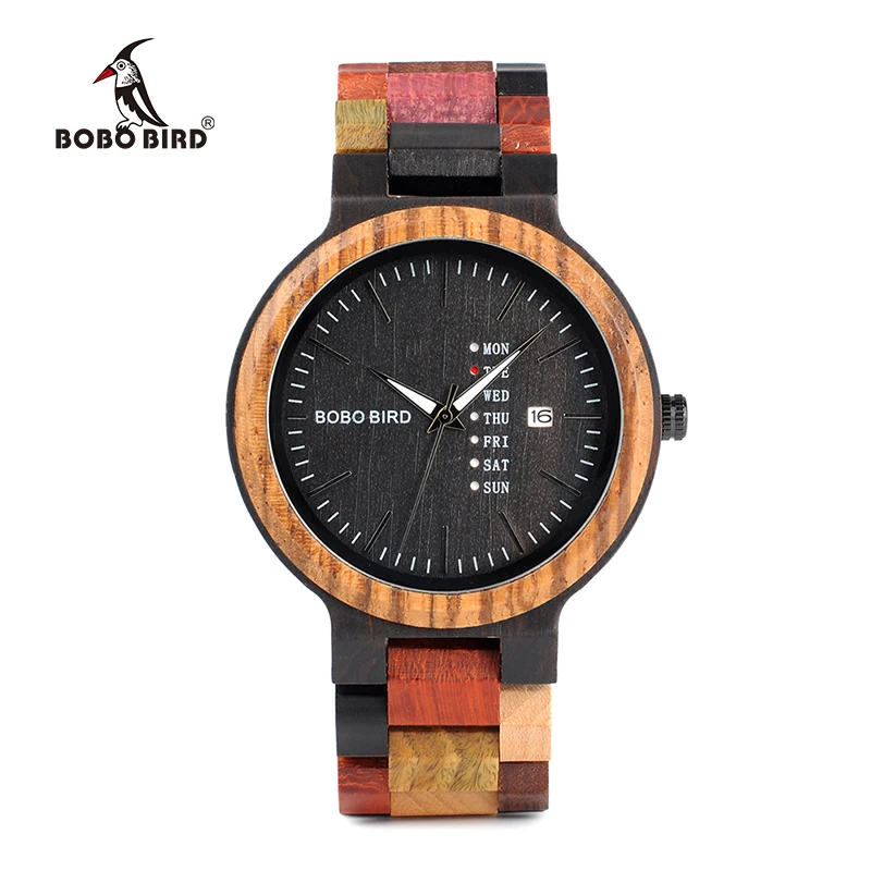 

BOBO BIRD Logo Customized Week Display & Auto Date Face Quartz Wooden Watches Men, Red