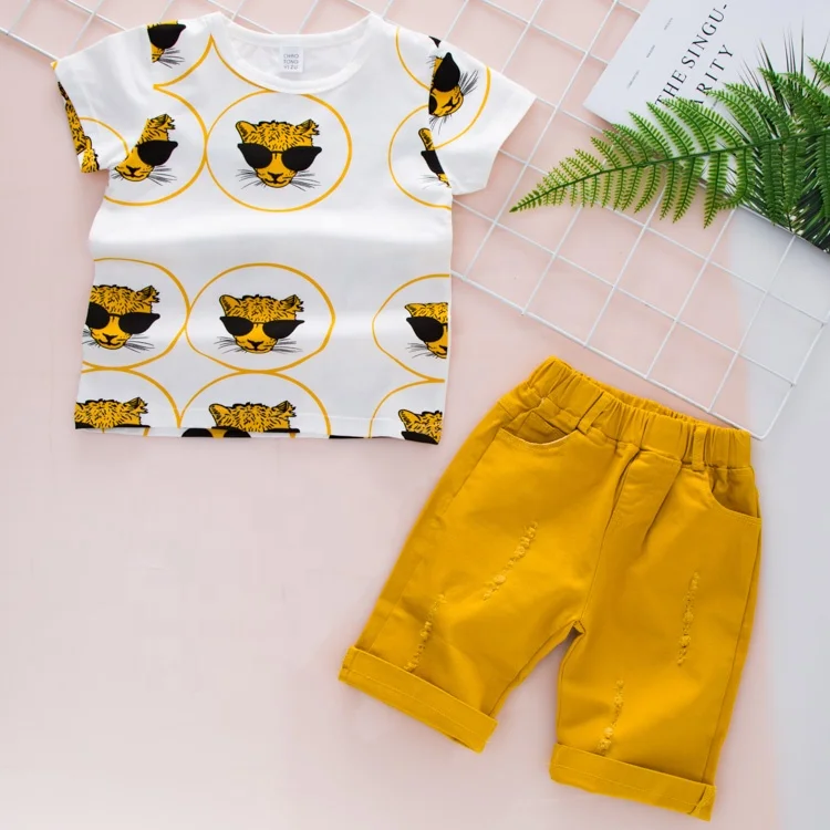 

New Fashion Kids Clothes Boys Summer Set Leopard with glasses printing animal T-Shirts + Short 2 pcs packing, Yellow