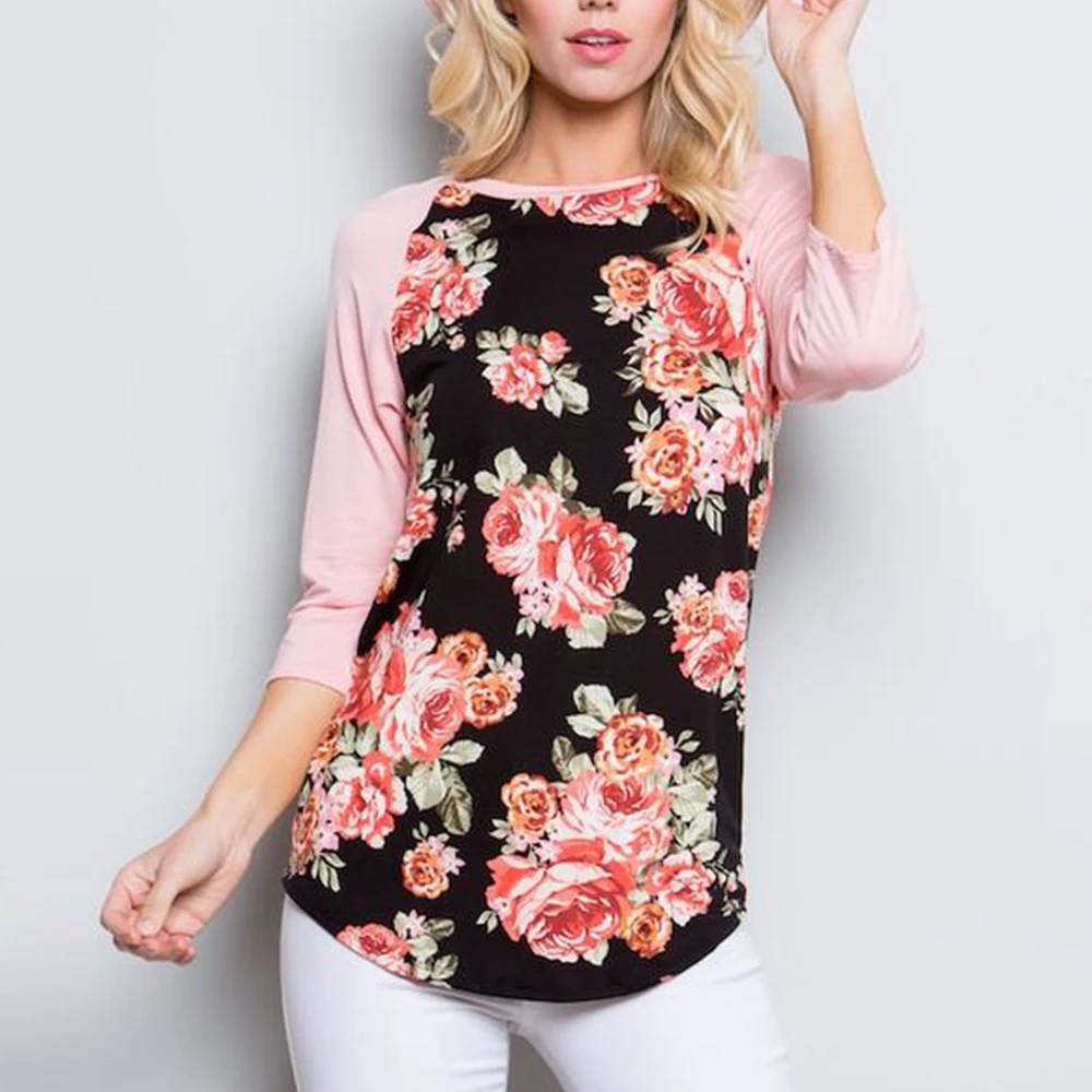 

new styles ladies shirt custom design curved hem 3/4 sleeve contrast raglan floral t shirt, N/a