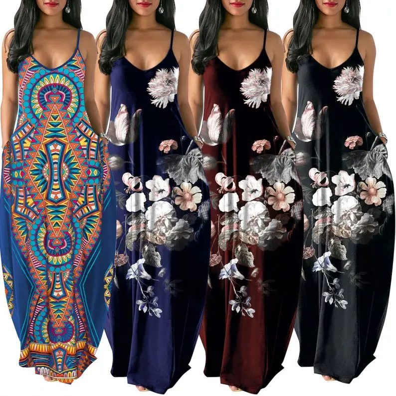 

A98009 Fashion Loose Spaghetti Strap Basic Maxi Floral Printed Beach Long Dress