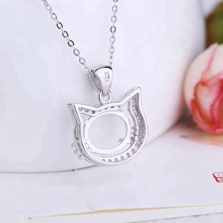 

925 Sterling Silver Cat Necklace Pendant Setting Cabochon Base Tray Blank Fit 9*11mm Cabochons Jewelry Making Findings, Platinum
