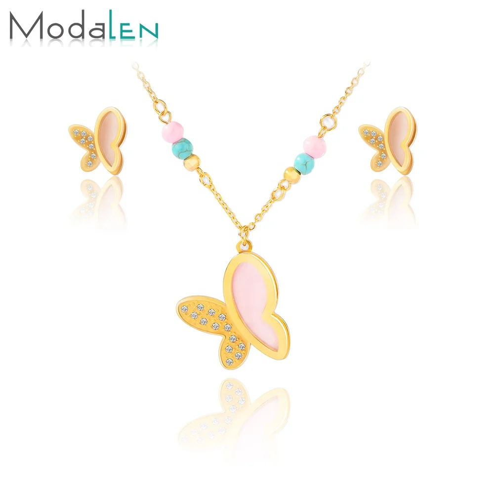 

Modalen Stainless Steel Jewelry Butterfly Bead Cz Enamel Necklace Set