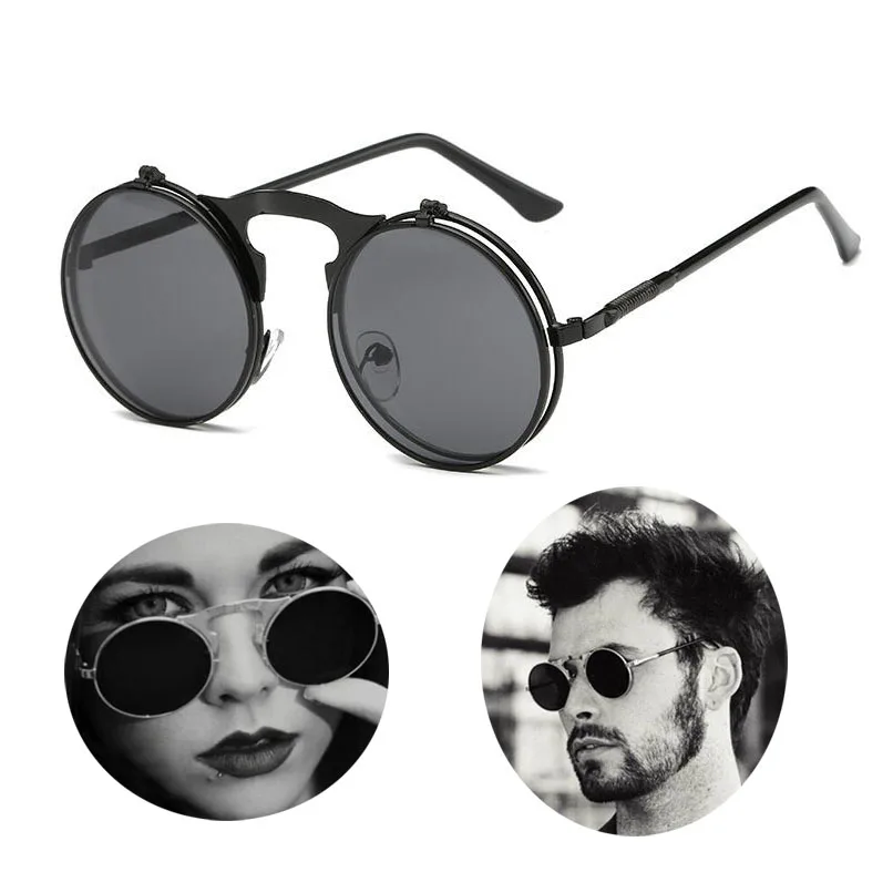 Flip Up Sunglasses Men Women Steam Punk Glasses Round Steampunk Sun