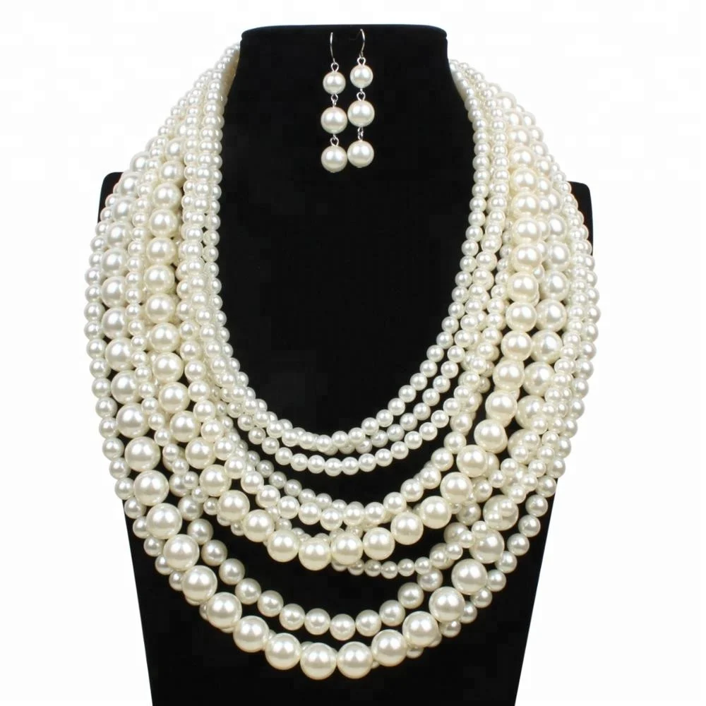 

Personalized white pearl beads layer necklace and earring sets