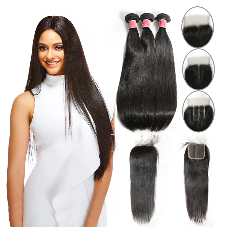 

Time-limted 50% OFF Straight Hair Brazilian Vigirn Human Hair Weave 3 Bundles With Closure Weft, Natural color ( near 1b# )