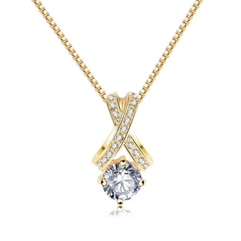 

Wholesale Women Gold Box Chain Necklace Crossed Full Cubic Zirconia Pendant Necklace