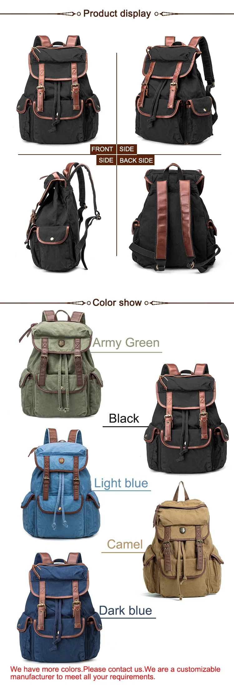 Custom color navy fashion vintage canvas backpack rucksack