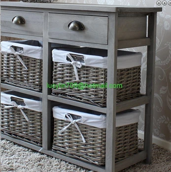 Vintage Grey Range Two Drawer And Four Wicker Basket Storage