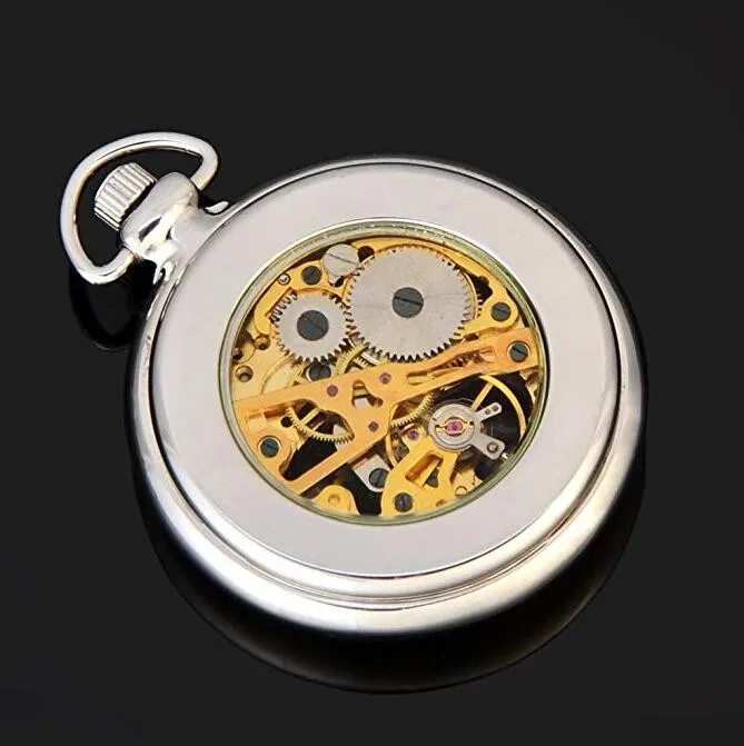 Silver Open Face Mechanical Hand Winding Skeleton Mens Watch Clock