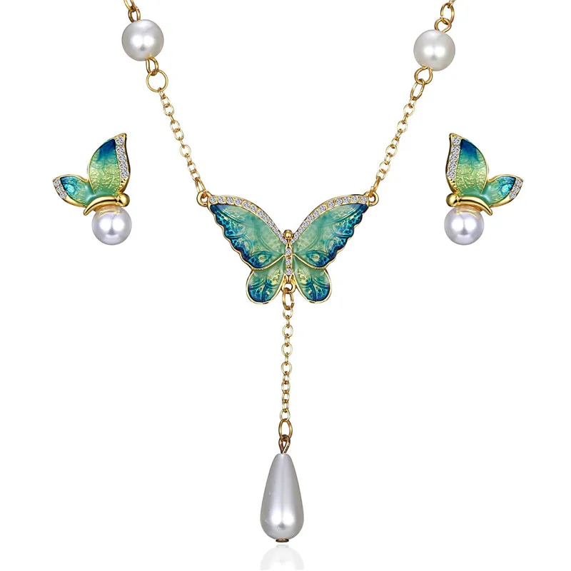

Butterfly Pendent Necklace Earring Enamel Painting Jewelry Set For Women And Girls