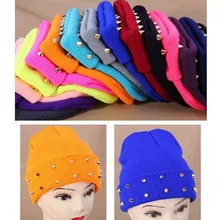 2015 Autumn Winter Women Knitted Hat Female Jelly Fluo Hat Plastic Rivets Wrap Gorro Beanies Cap Warm Many Colors