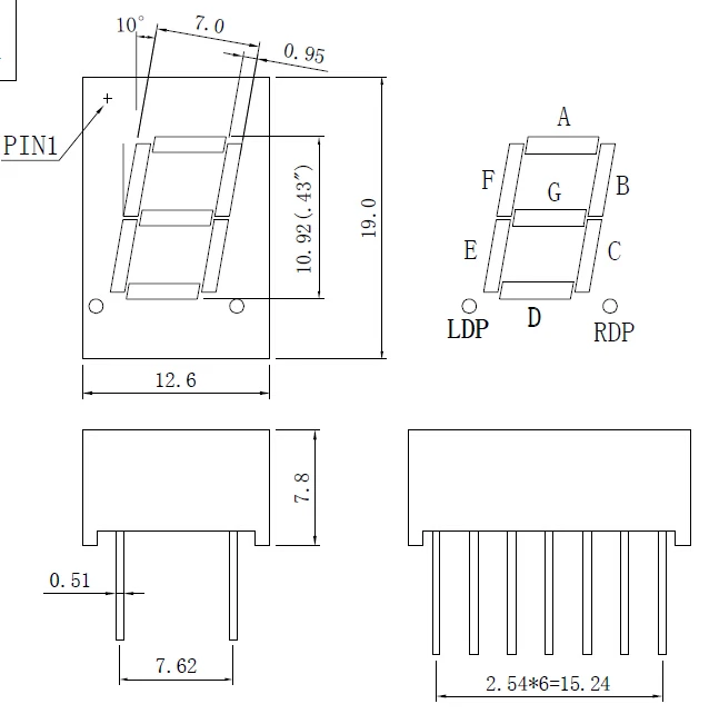 6 Segment Led Dimensions Common Anode 0.43 Inch Red LED 7 Segment Display with 2 DP