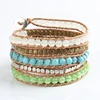 Top Quality 6mm Natural Turquoise Agate Beads Jewelry Leather 5 Wrap Bracelet Weaving Charms Bracelets For Women