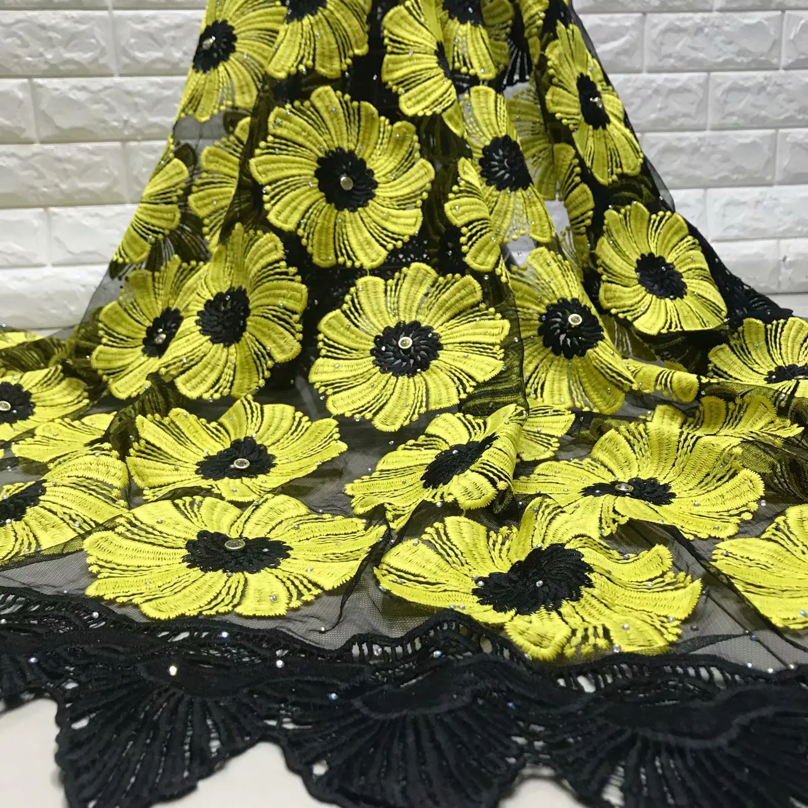 

Beautifical mesh net lace with rhinestones french embroidery fabric yellow tulle ML5N586, Can be customized
