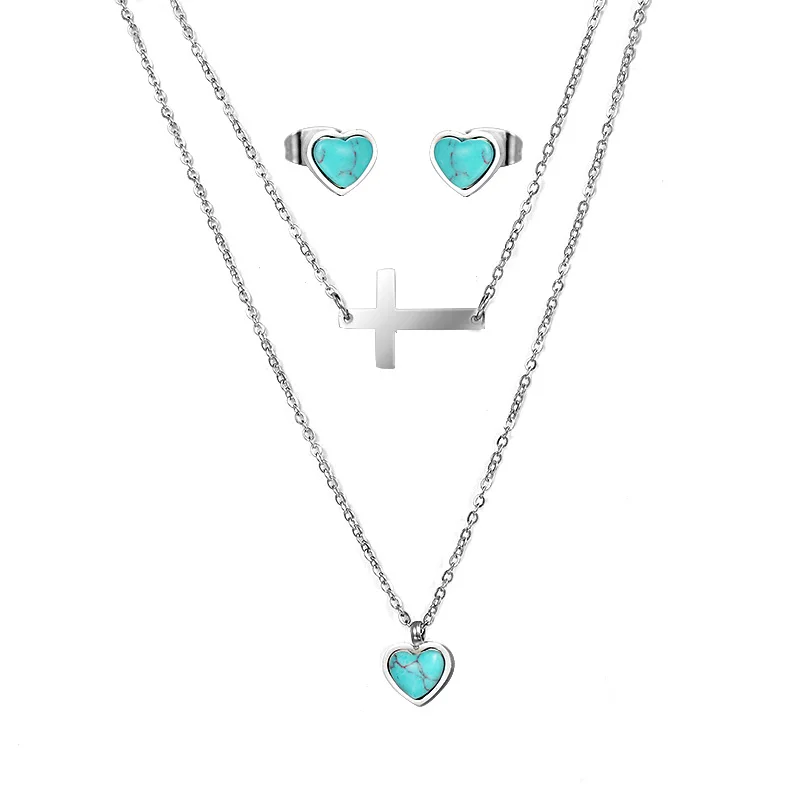 

BAOYAN Wholesale Cross Blue Turquoise Love Heart Stainless Steel Jewelry Set