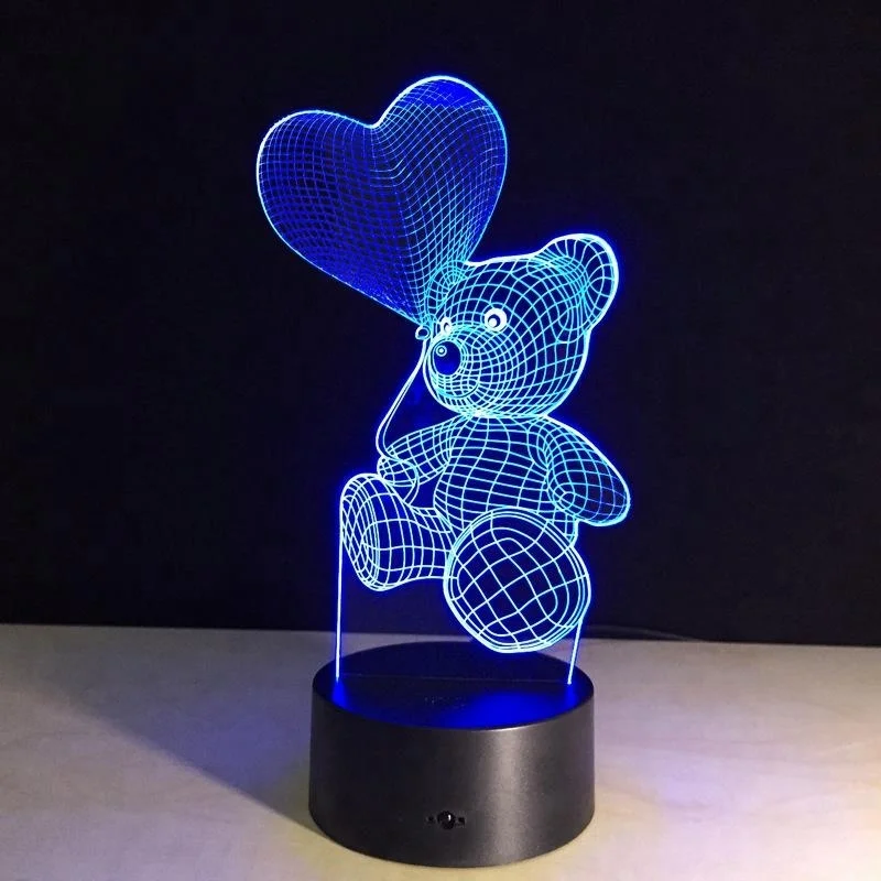Cute Heart Bear 3D LED illusion Night Light Table Desk Lamps, Elstey 7 Color Changing Lights with USB Charger for Kids Gifts