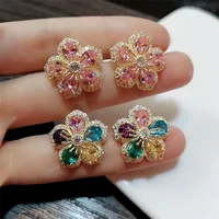

New Korean Fashion Big Pink Five-petaled Flowers Stud Earrings Women Jewelry High Grade Cubic Zirconia Gold Color Girl Gift
