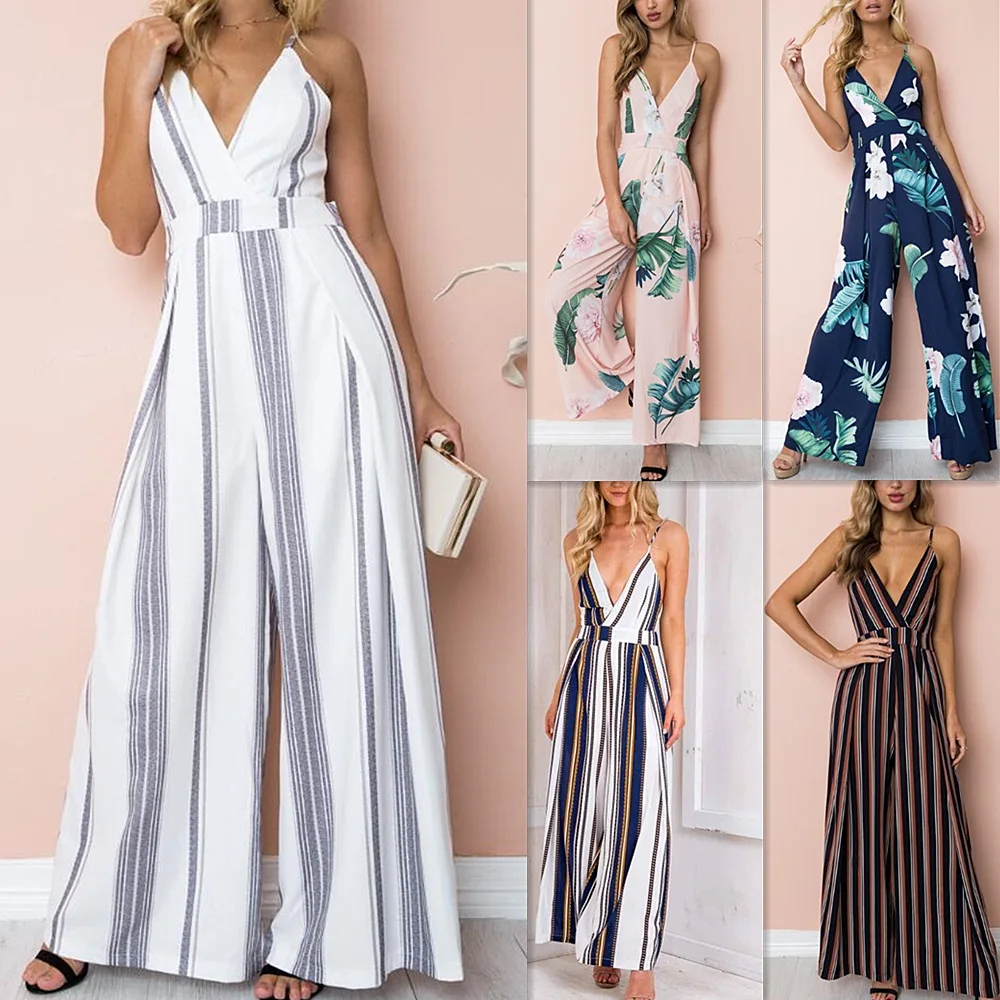 

Wholesale 2019 Summer Printed Wide Long Vest Women Jumpsuits Off Shoulder