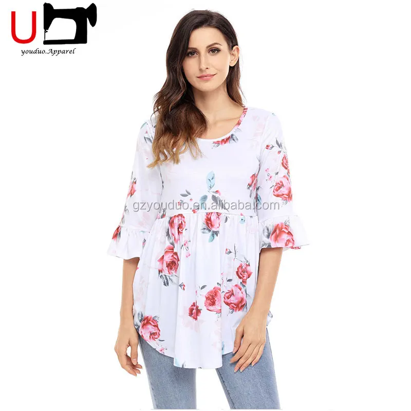 

Latest High Waist Floral Shirt Half Flare Sleeve Women Casual Ladies New Design T shirts for Sublimation Printing Fat Ladies, Gray;blue;white;black;customized