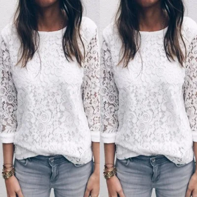 

2018 New Arrival AutumnWhite Lace Long Sleeve T-Shirt Top Women clothes, White