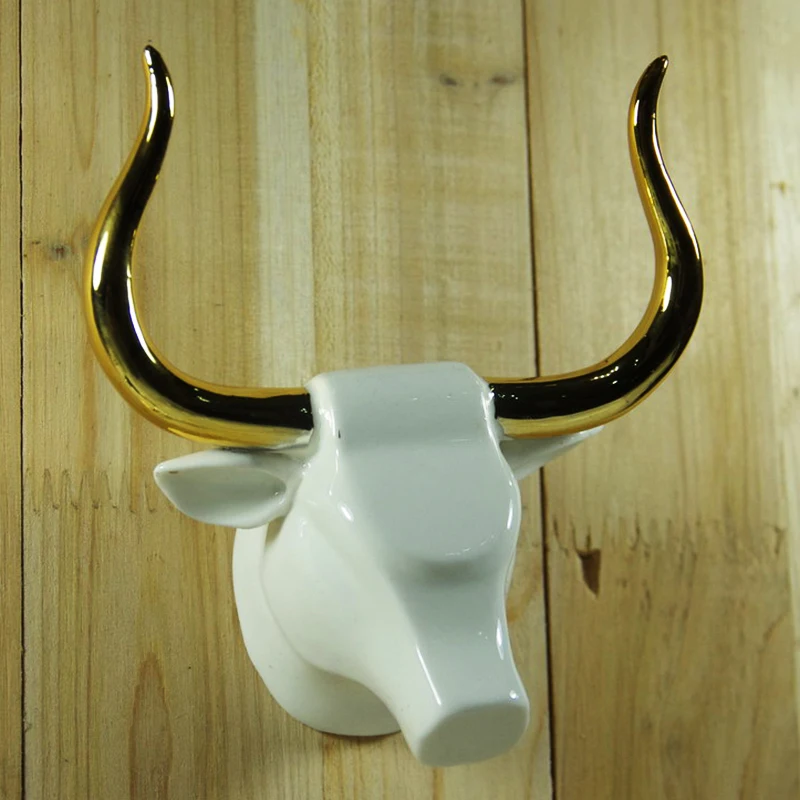 

3D Animal Sculpture White Bullfight With Gold Horn Wall Hangings for Home Decor