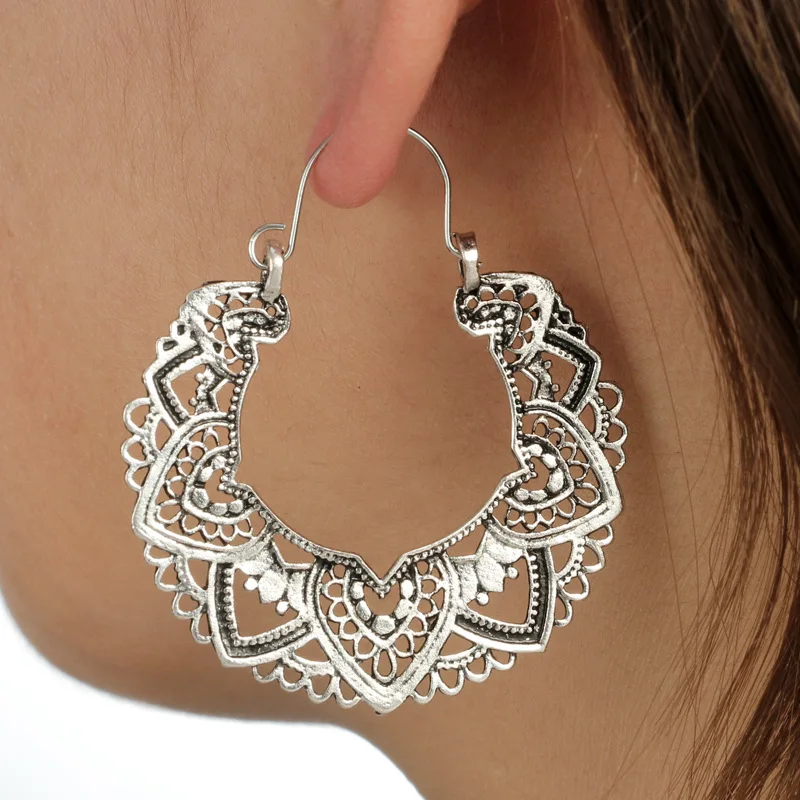 

Antique Silver Geometric Heart Shape Drop Dangle Earrings Vintage Silver Plated Hollow Flower Pattern Round Circle Hoop Earrings