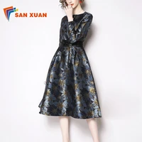 

Wholesale price in-stock new design fashion slim high-end jacquard fabrics round collar long sleeve female evening gown dress