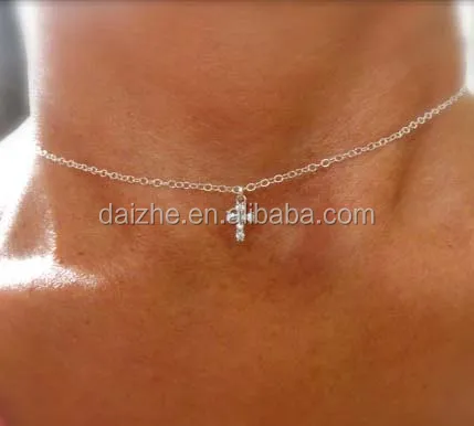 

Tiny CZ cross necklace with sterling silver chain zirconia cross choker necklace, Black