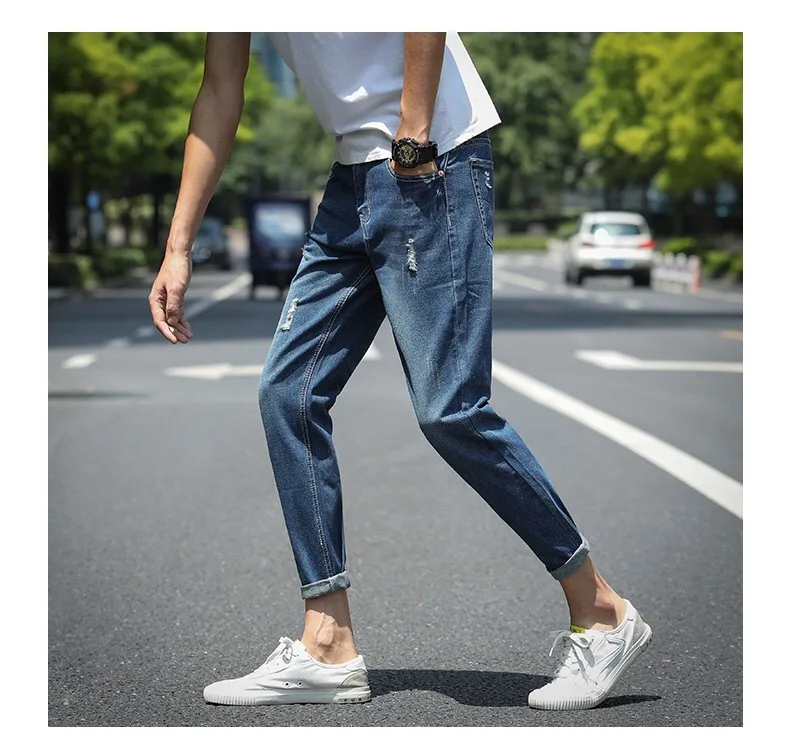 

Men broken hole jeans summer slim Korean style joker nine points pants trousers, Picture