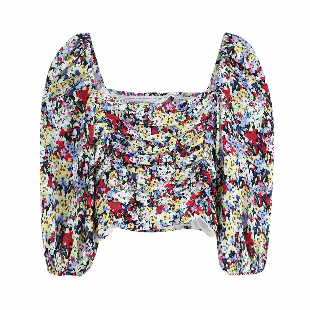

2019 new style off shoulder design crop top women sexy floral printed blouse