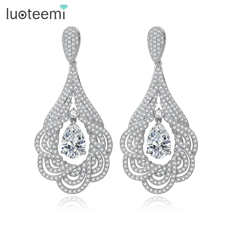

LUOTEEMI Women Luxury Tiny A AA Clear CZ Diamond Statement Drop Earrings For Bridal