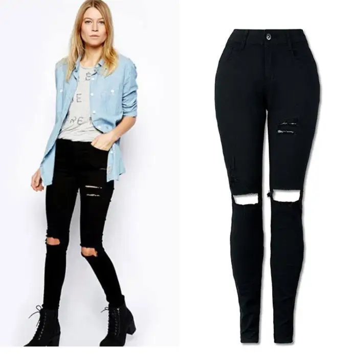 

Fashion Women Jeans feminina Slim High Waist Ripped Jeans for Woman Pencil Pants Cotton Hole-lack, Black