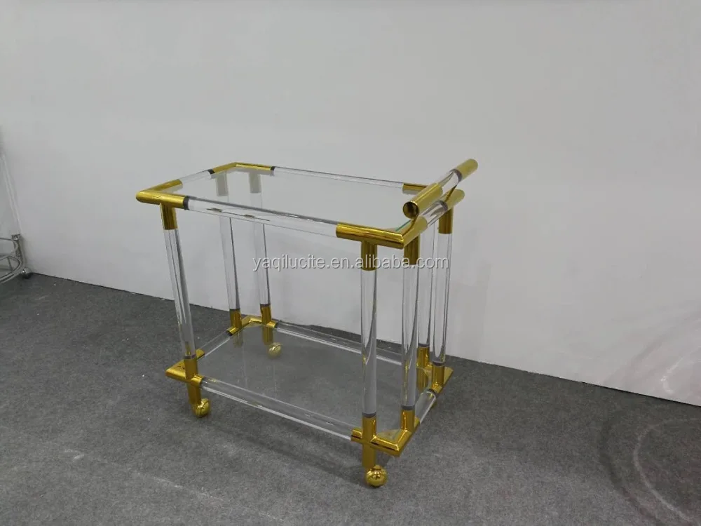 
Gold metal classic bar cart, two-tier hotel tea trolley liquor trolley with wheels luxury hotel furniture 
