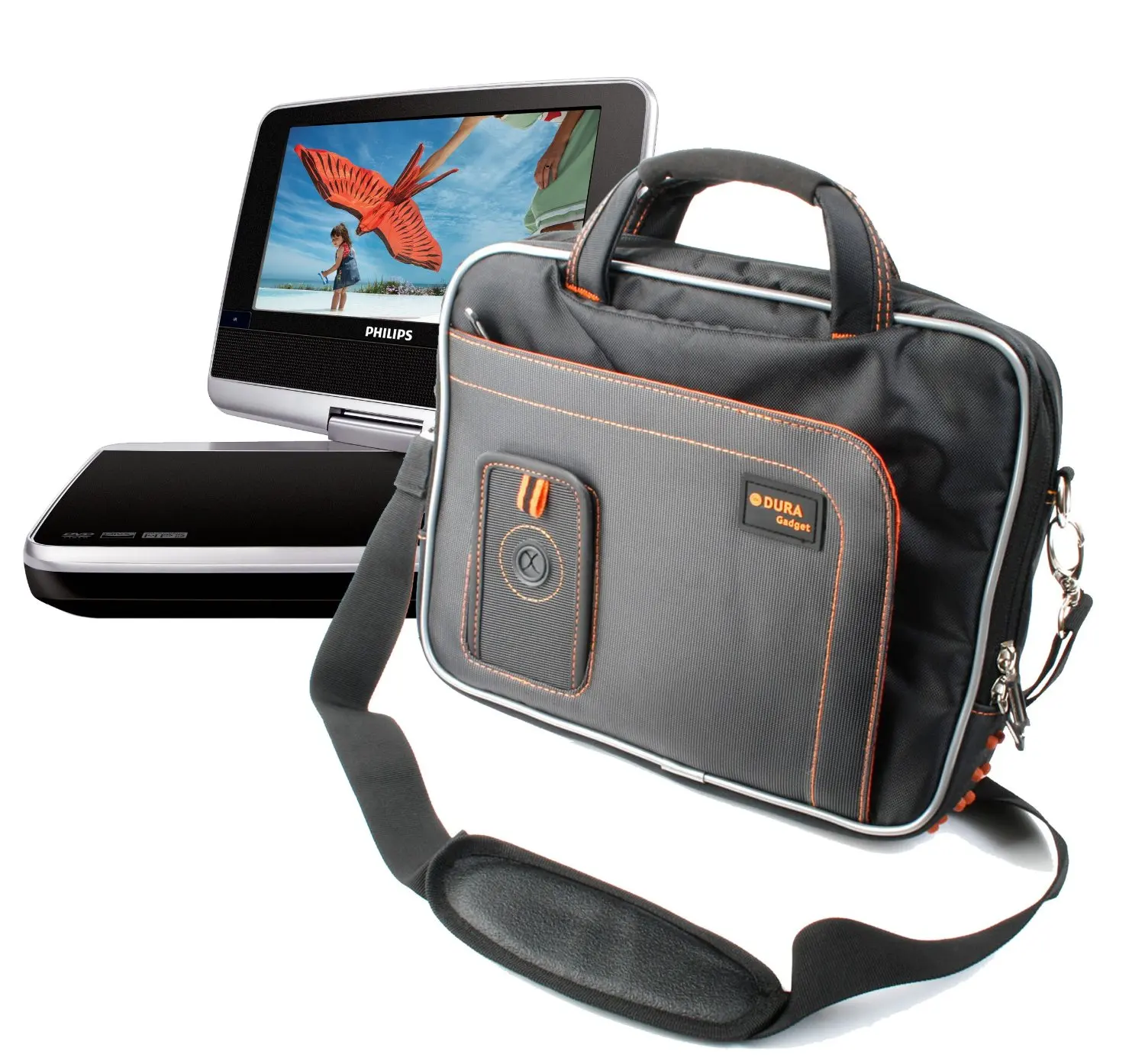 Get Quotations · Black and Orange Carry-Case With Storage For LCD Screen Portable  DVD Player MP4 MP3