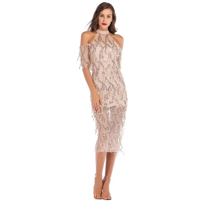 

Women's 1920s Night Club Tassels Dresses Sequin Off Shoulder Art Deco Flapper Evening Party Dress Y10350