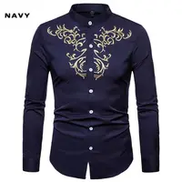 

New arrival large size long sleeve shirt embroidered Henry collar shirt Men's royal court shirt for sale