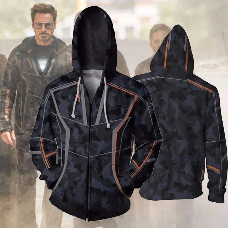 

2019 Avengers Endgame Men Hip Hop Hooded Jackets Stark Tony Men Jackets Coats Sweater Zipper Hoodie, Black/white
