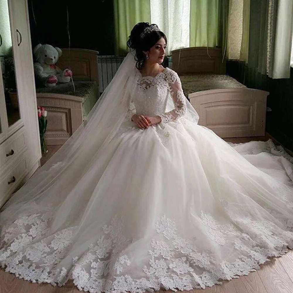 

FA05 Gorgeous Sheer Ball Gown Wedding Dresses 2020 Puffy Lace Beaded Applique Women's White Long Sleeve Wedding Gowns, Default or custom