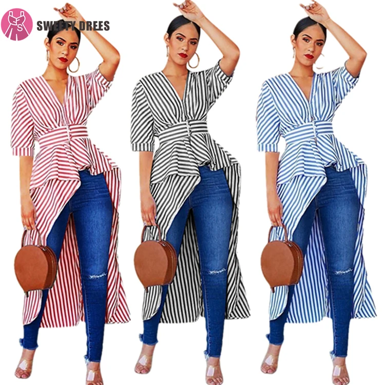 

9S00742 casual V-neck short sleeve striped blouse fashion swallowtail maxi women shirt for club, N/a