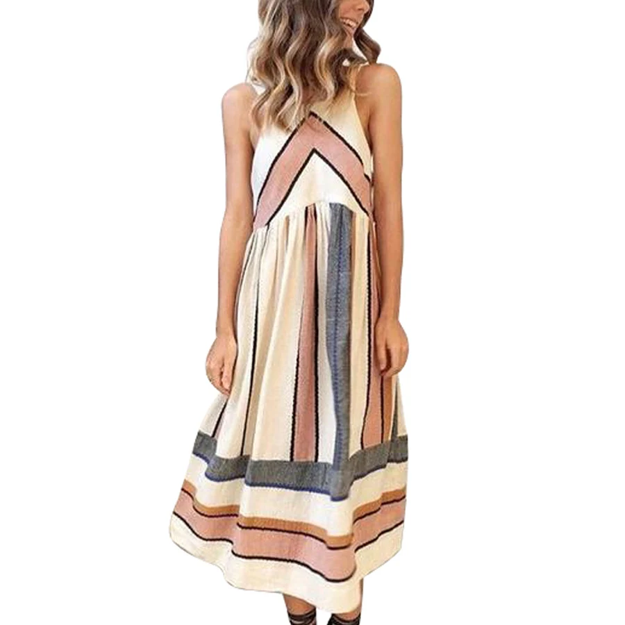 

Women's Casual Striped Sleeveless Halter Neck Summer Midi Dress with Pockets