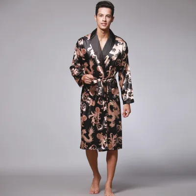 

Male Silk Dressing Gown Extra large Robe With Dragons Mens Satin Bathrobe Silk Kimono Men, As shown