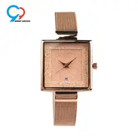 

Square rose gold mesh belt calendar lady watch