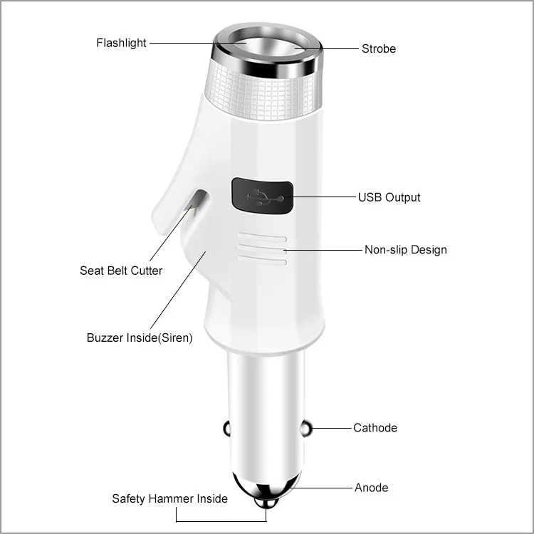 XLN 60LM flashlight 2.1A QC 2.0 Fast Charging with hammer car charger