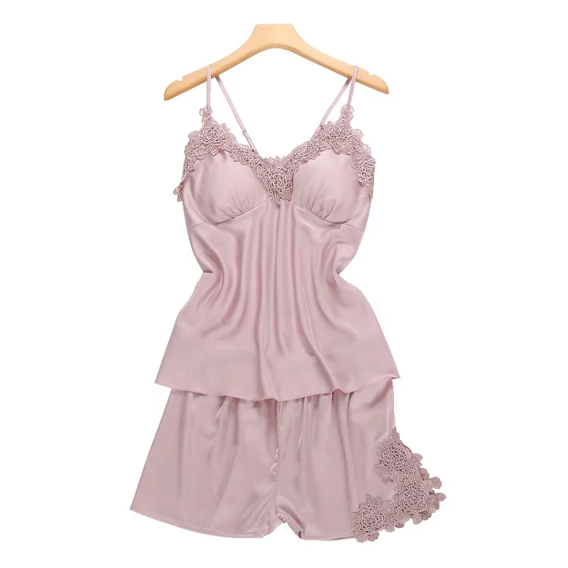 

Two-piece Silk Nightwear Sexy Chemise Femme Lace Satin Summer Short Pajamas Set