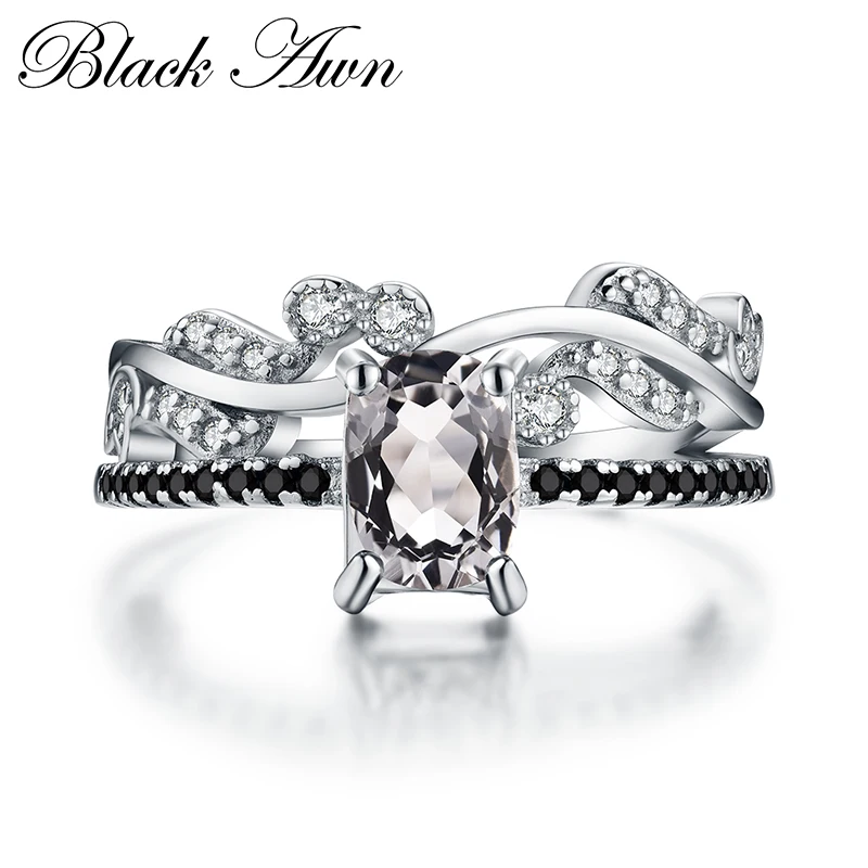 

[BLACK AWN] Cute Wedding Rings for Women 3.1g Rectangle 925 Sterling Silver Jewelry Black Spinel Zircon Bague C133